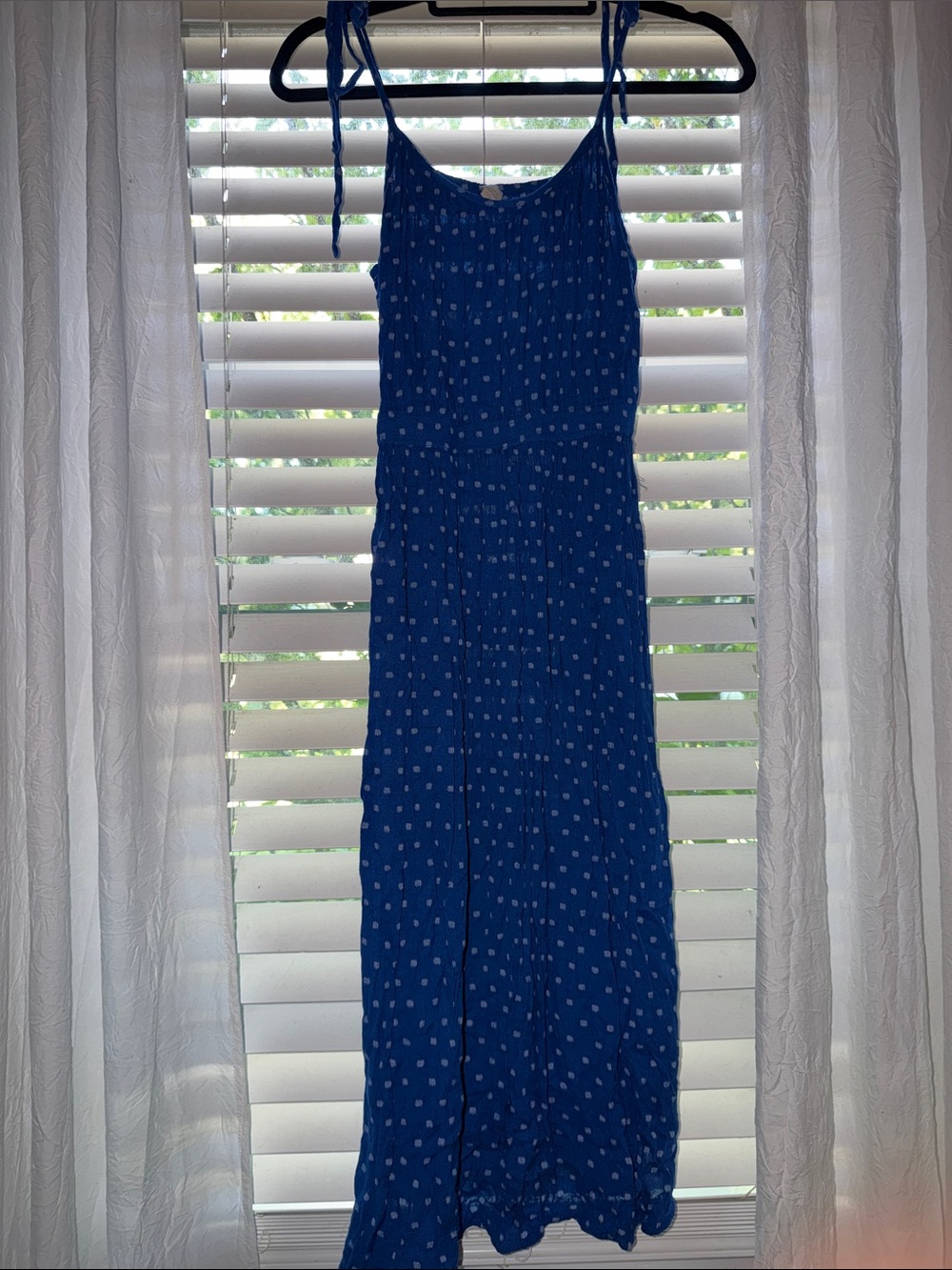 LOFT Blue Polka Dot Midi Dress with Tie Straps